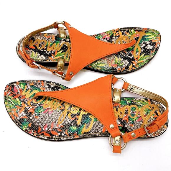 SAM EDELMAN Greta UK EDITION Size 8.5 Orange Floral Flat Sandal Slingback Shoes - Picture 3 of 8